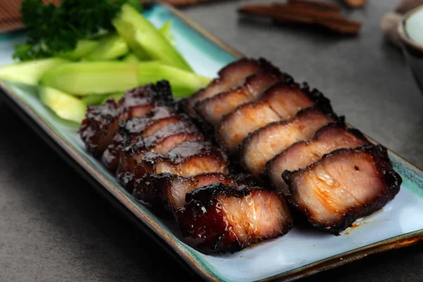 Närbild Skott Kinesiska Skivad Söt Bbq Fläsk — Stockfoto