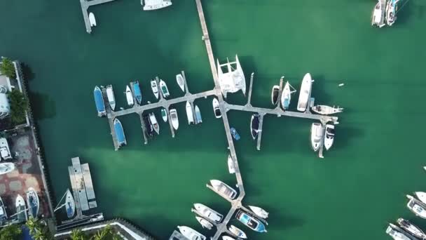 Vista Aérea Lote Barcos Brancos Iates Ancorados Marina Água Azul — Vídeo de Stock