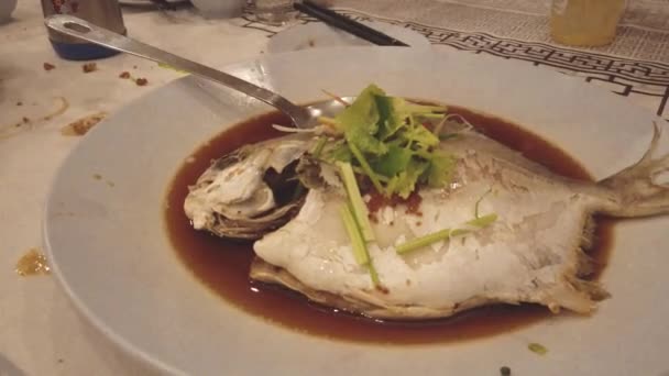 伝統的なアジアの魚のスープのクローズ アップ映像 — ストック動画