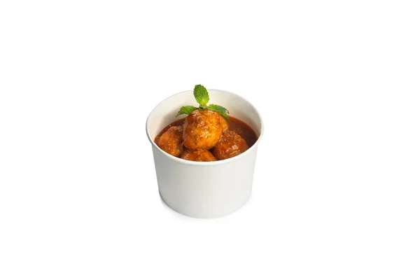 Curry Fish Balls Paper Bowl Isolated White — Stock Photo, Image