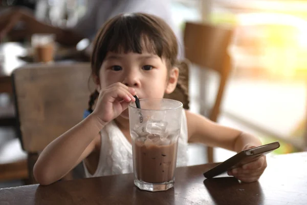 Adorable Asian Girl Drinking Milkshake Cafe — Stock Photo, Image