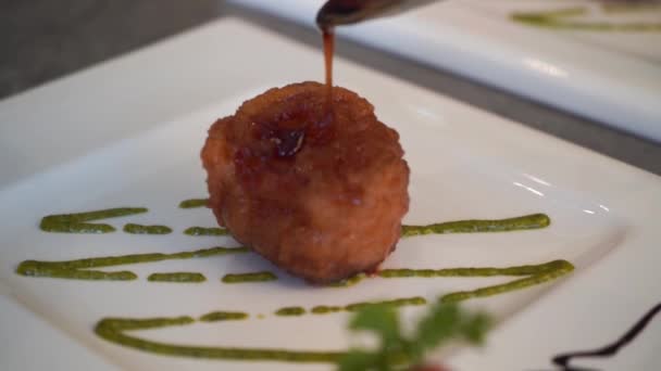 Close Footage Fried Scallops Wrapped Bacon — Stock Video