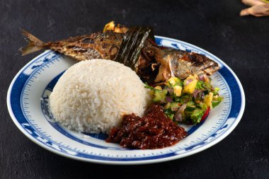 Chili Paste ve Rice, geleneksel Asya gıda ile Fried uskumru yakın çekim shot