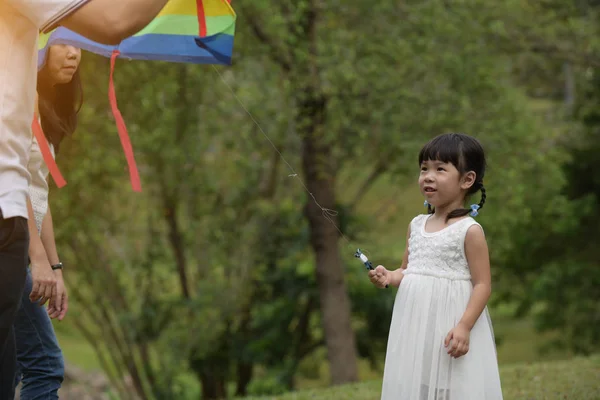 Asian Little Girl Playing Kite Park — Stock Photo, Image