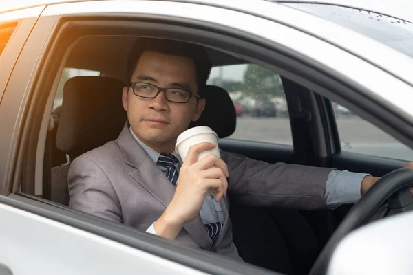 Adult Happy Young Businessman Driving Car — Stock Photo, Image