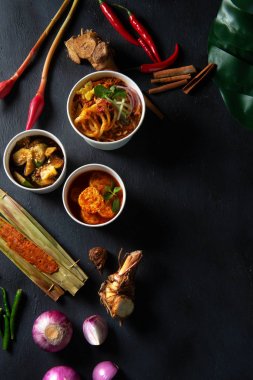 siyah yüzeyüzerinde baharat ve malzemeler çok asya laksa üst görünümü