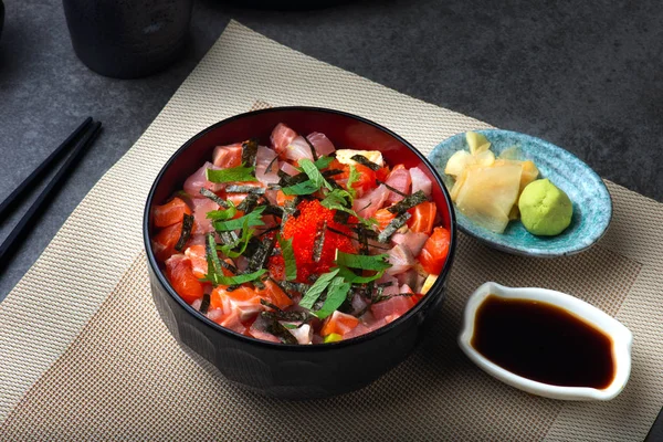 Close Shot Salmon Don Bowl Rice Sashimi Top — Stock Photo, Image