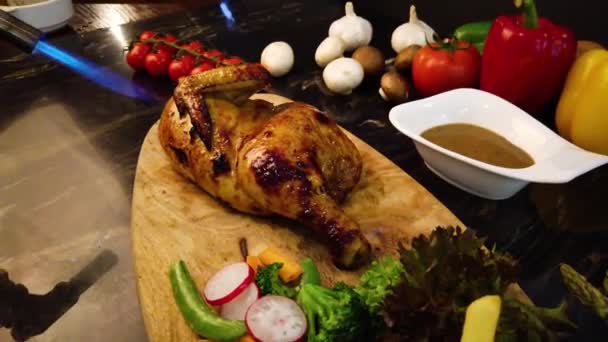 Close Shot Roasted Chicken Preparing Gas Lamp Cutting Board — Stock Video