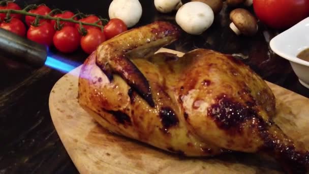 Close Shot Roasted Chicken Preparing Gas Lamp Cutting Board — Stock Video