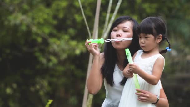Asiática Chica Madre Jugando Con Jabón Burbujas Aire Libre — Vídeo de stock