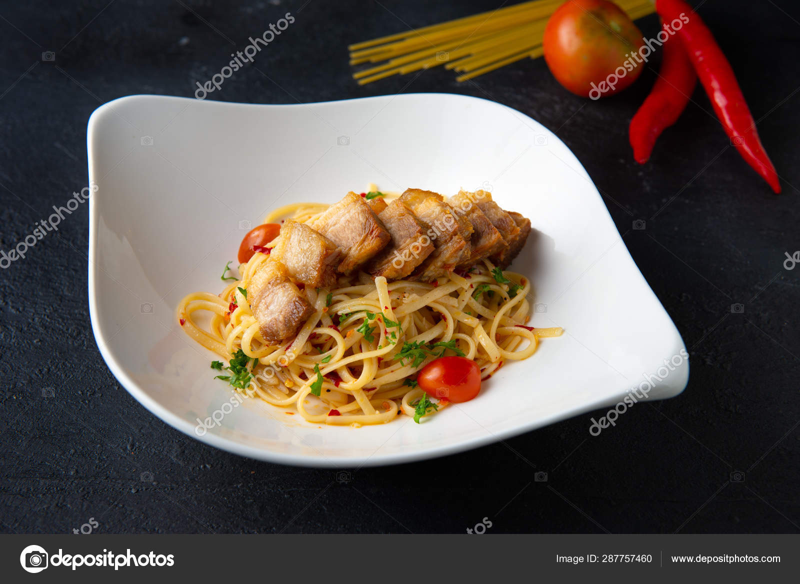 Close Shot Crispy Pork Belly Spaghetti — Stock Photo © yuliang11 287757460