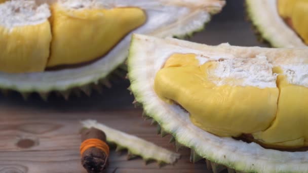 Close Footage Raw Peeled Durian Wooden Table — Stock Video