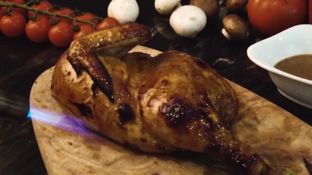 Close Footage Roasted Chicken Wooden Board — Stock Video
