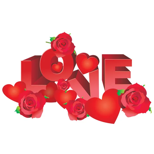 Vector red LOVE letters decorated by red roses and hearts isolat — Stock Vector