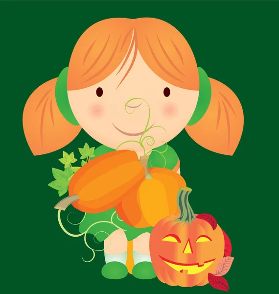 Zeichentrickmädchen Grünem Kleid Mit Kürbissen Der Hand Oktober Vektor Orange — Stockvektor