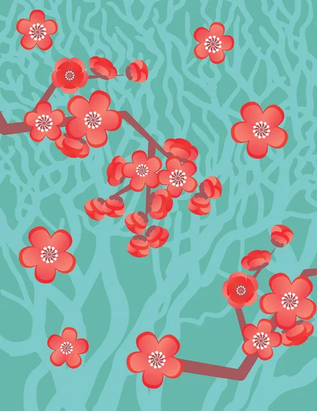 Sakura Blooming Tree Blue Red Background Flowers Illustration — Stock Photo, Image
