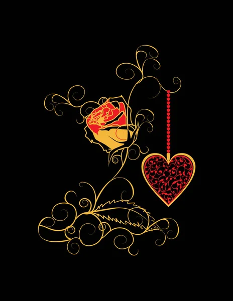 红色玫瑰和心脏在黑暗的背景 — 图库矢量图片