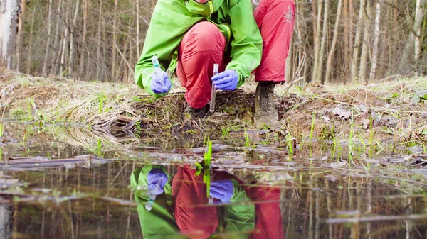 水のサンプルを取って森の科学者の生態学者 — ストック写真