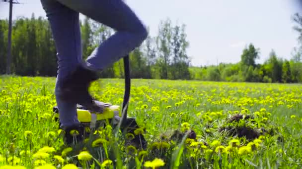 Женщина-эколог на лугу копает почвенную щель — стоковое видео