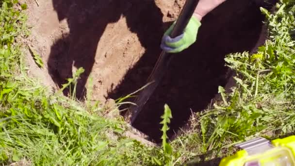 Mujer ecologista en el prado cavando una hendidura de tierra — Vídeos de Stock