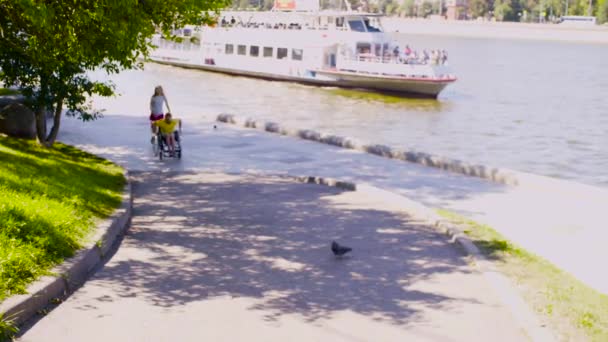 Happy disable man with his wife walking near the river — Stock Video