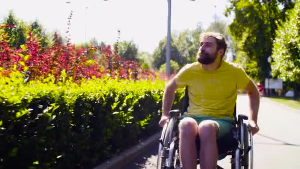 Joven hombre incapacitado en silla de ruedas en el parque — Vídeos de Stock