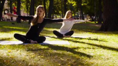 Yoga. İki çekici kadın yoga exersices Park yapıyor