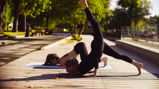 Yoga. Dos mujeres atractivas haciendo ejercicios de yoga en el parque — Vídeo de stock