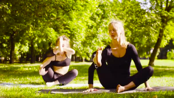 Yoga. Dos mujeres atractivas haciendo ejercicios de yoga en el parque — Vídeo de stock