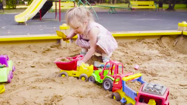 Three girls sitting in a sandbox and picking up sand — Stock Video