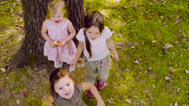 Trois filles jouant dans le parc sur l'herbe 