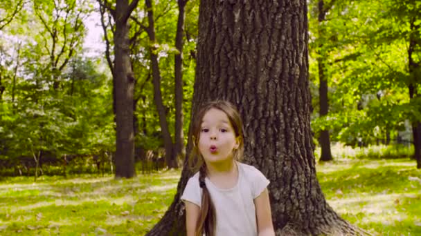 Ein Mädchen sitzt im Park auf dem Gras neben dem Baum — Stockvideo