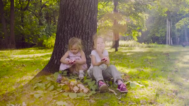 Trois filles assises dans le parc et mangeant du grenat 