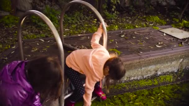 Dos chicas jugando cerca de la vieja piscina cubierta de hierba de pato — Vídeo de stock