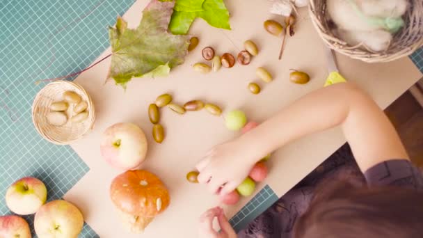 Little girl sitting at the desk makes necklace of acorns — Stock Video