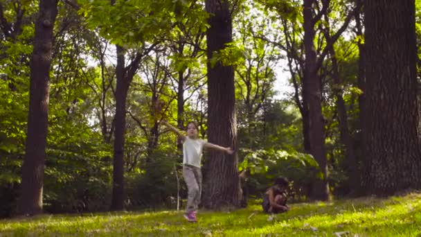 3 人の女の子が公園の木々 の中の芝生の上で遊んで — ストック動画