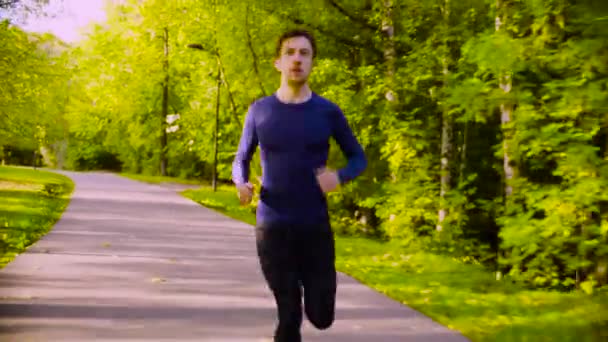 Νεαρός άνδρας τρέχει στο πάρκο. Γυμναστήριο — Αρχείο Βίντεο