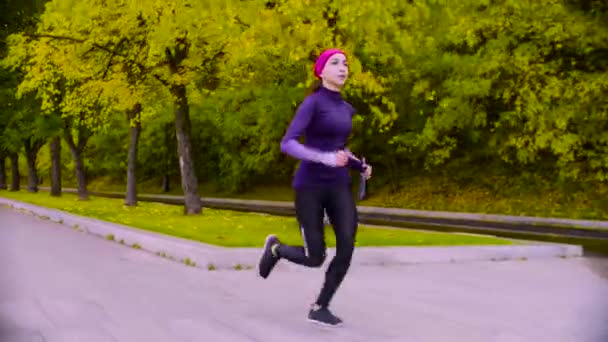 Una joven corriendo por el parque. Otoño. Aptitud — Vídeo de stock