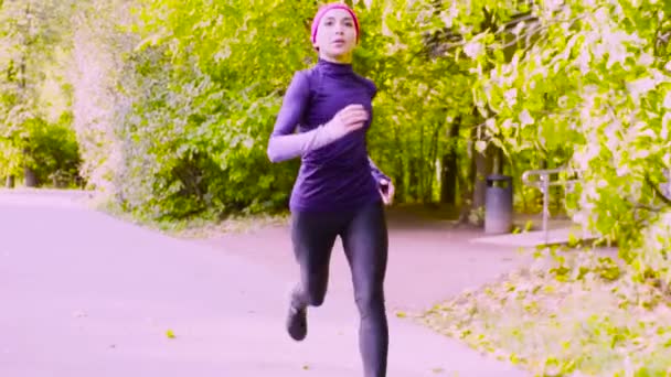 Νεαρή γυναίκα τρέχει στο πάρκο. Γυμναστήριο — Αρχείο Βίντεο