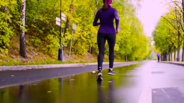 Uma jovem a correr no parque. Outono — Vídeo de Stock