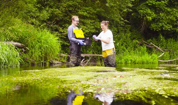 Wissenschaftlerin Ökologin entnimmt Wasserproben — Stockfoto