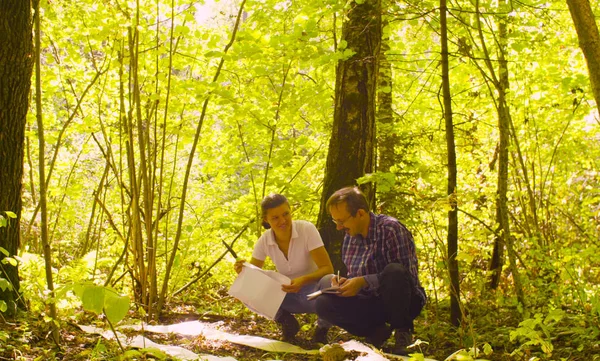 Due ecologi che prelevano campioni di terreno nella foresta — Foto Stock