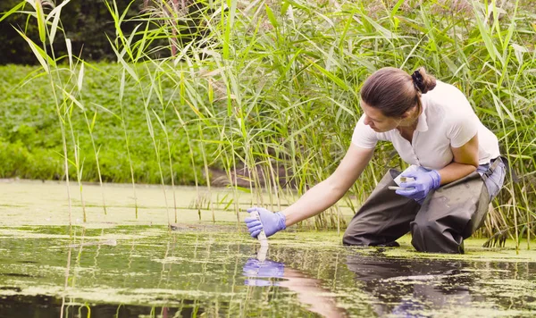 Mujer ecologista midiendo pH del agua — Foto de Stock