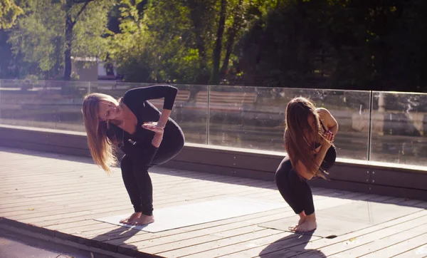 Yoga. Dos mujeres atractivas haciendo ejercicios de yoga en el parque — Foto de Stock