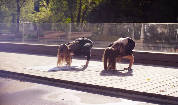 ヨガ。2 公園でヨガの exersices をしている魅力的な女性 — ストック写真