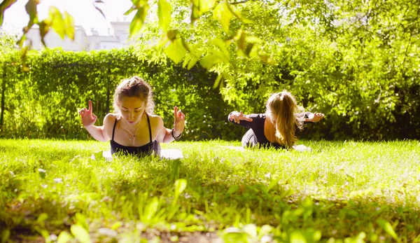 公園でヨガの Exersices をしている魅力的な女性 夏の朝 — ストック写真