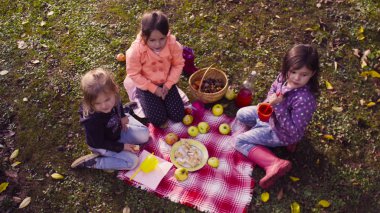Bahçe piknik. Çimenlerin üzerinde oturan ve compot içme çocuk
