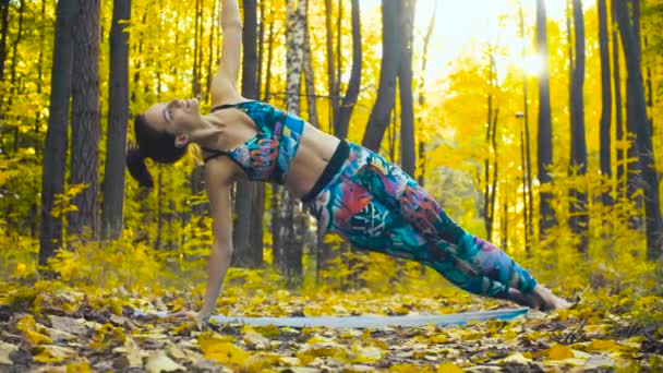 Νεαρή όμορφη γυναίκα που κάνει χορογραφική ασκήσεις σε Φθινοπωρινό δάσος — Αρχείο Βίντεο