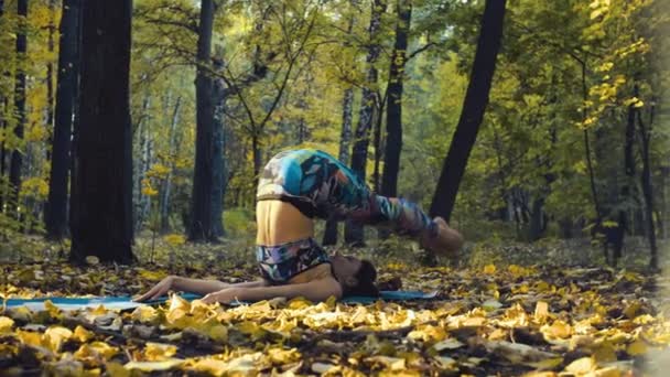 Молодая красивая женщина делает хореографические упражнения в осеннем лесу — стоковое видео