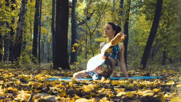 Joven hermosa mujer haciendo ejercicios coreográficos en el bosque de otoño — Vídeo de stock